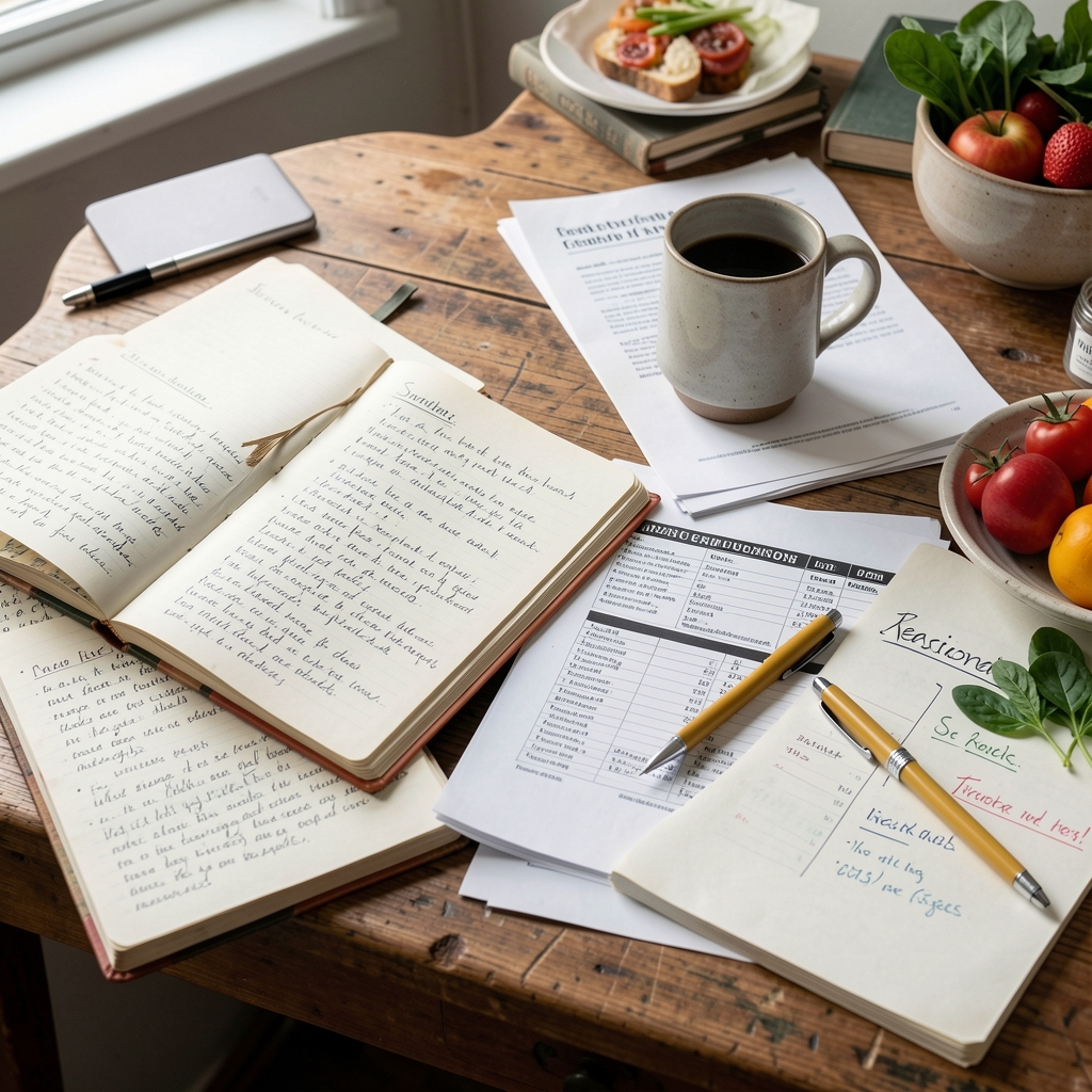 A cluttered editorial desk with handwritten food journals, printed nutritional research papers, a ceramic coffee mug, and seasonal produce notes spread across a worn wooden surface in natural morning light