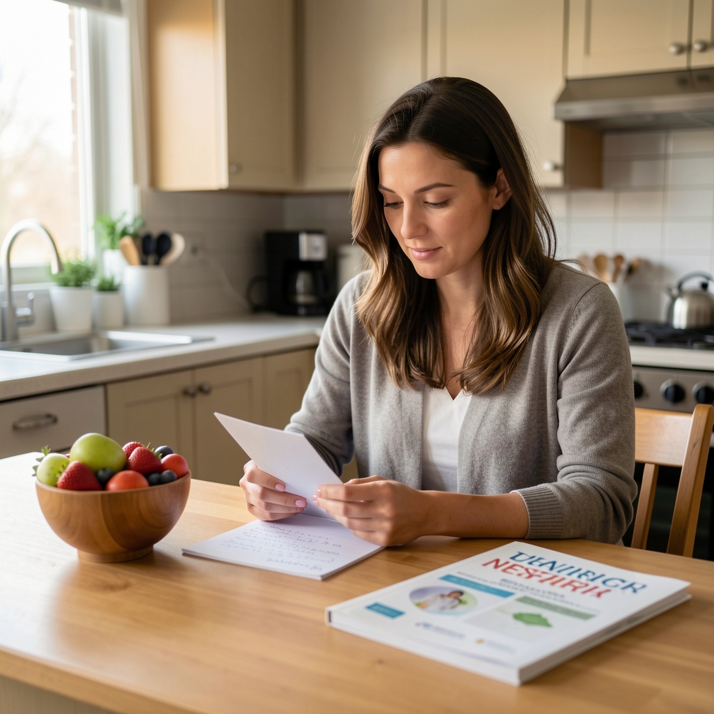 A nutritional writer seated at a kitchen table reviewing handwritten notes, with a bowl of fresh fruit and a copy of a nutritional research journal visible on the table surface