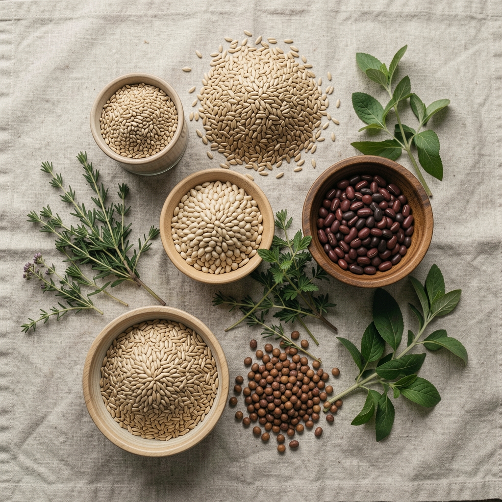 A food researcher photographing a mise en place arrangement of whole grains, legumes, and fresh herbs on a linen cloth, using a documentary overhead camera setup