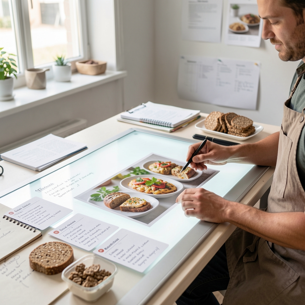 An editor reviewing food photography on a light table surrounded by recipe cards, hand-annotated cooking notes, and samples of whole grain products in a bright studio workspace