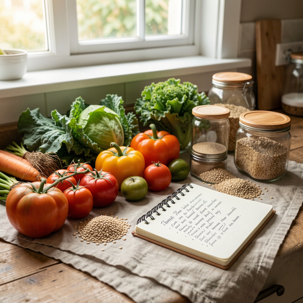 A warm kitchen counter with fresh seasonal vegetables, whole grains, and a handwritten recipe notebook arranged on aged linen — natural daylight from a window above