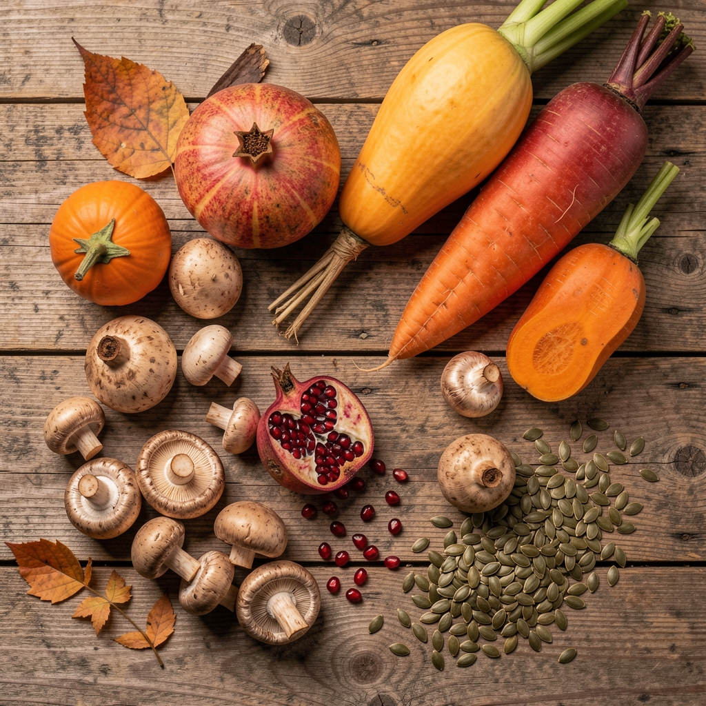 Overhead shot of a rustic wooden table with seasonal autumn harvest vegetables, pomegranate seeds, wild mushrooms, and pumpkin seeds arranged in a documentary composition