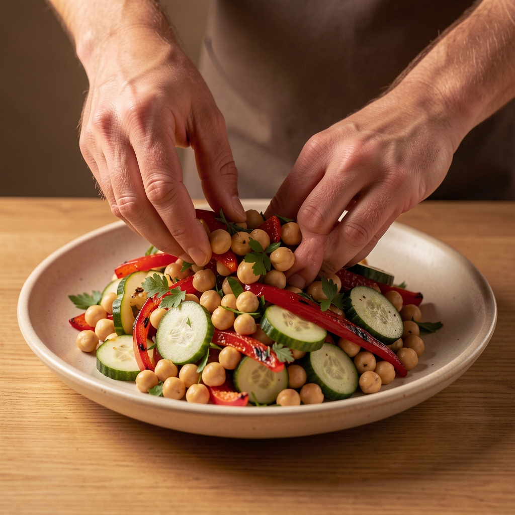 Close-up of hands preparing a Mediterranean-style salad with chickpeas, roasted red pepper, cucumber, and fresh herbs on a wide ceramic plate under warm studio lighting