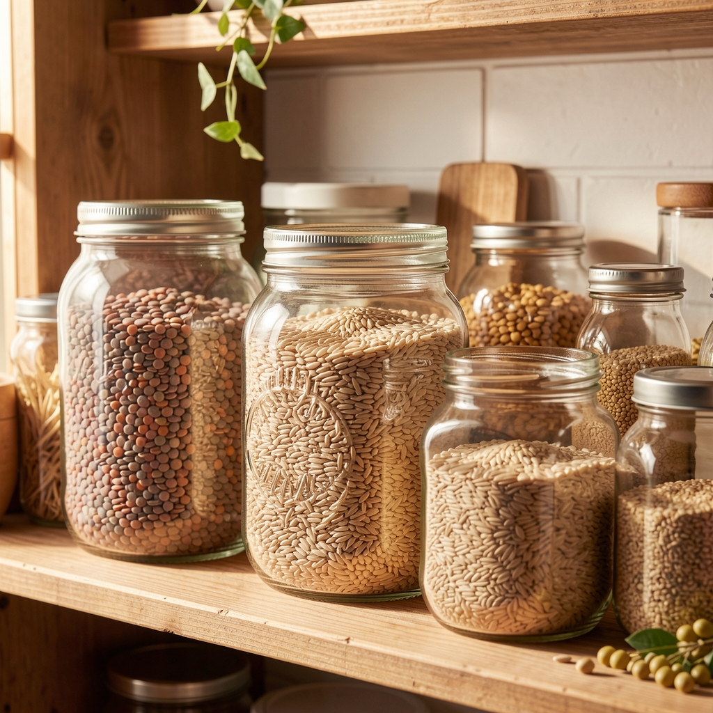 Glass storage jars filled with dried legumes, lentils, whole grains, and pantry staples arranged on a wooden kitchen shelf, photographed in warm natural light