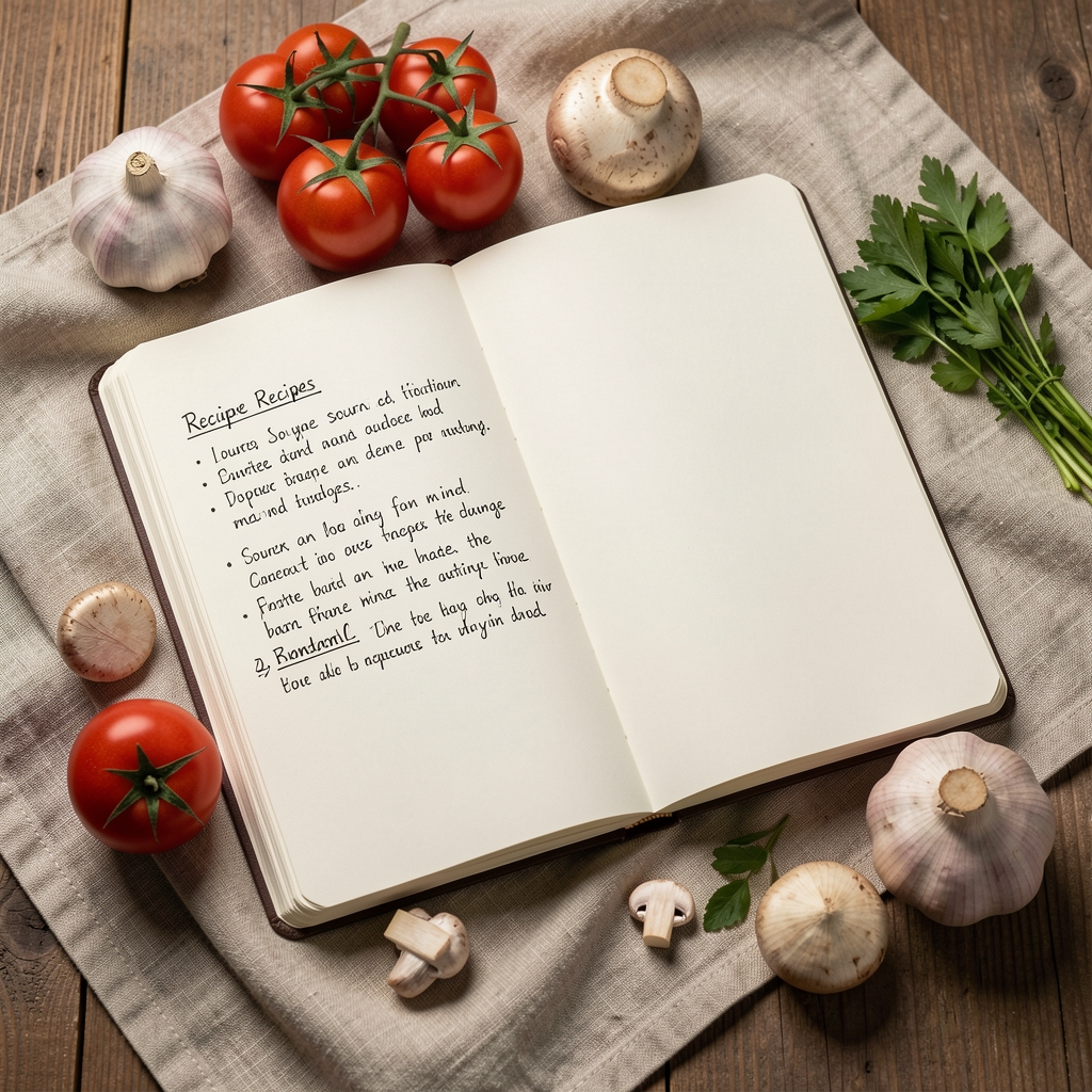 An open recipe notebook with handwritten sourcing notes alongside fresh whole ingredients on a natural linen cloth, photographed under controlled studio lighting with careful composition