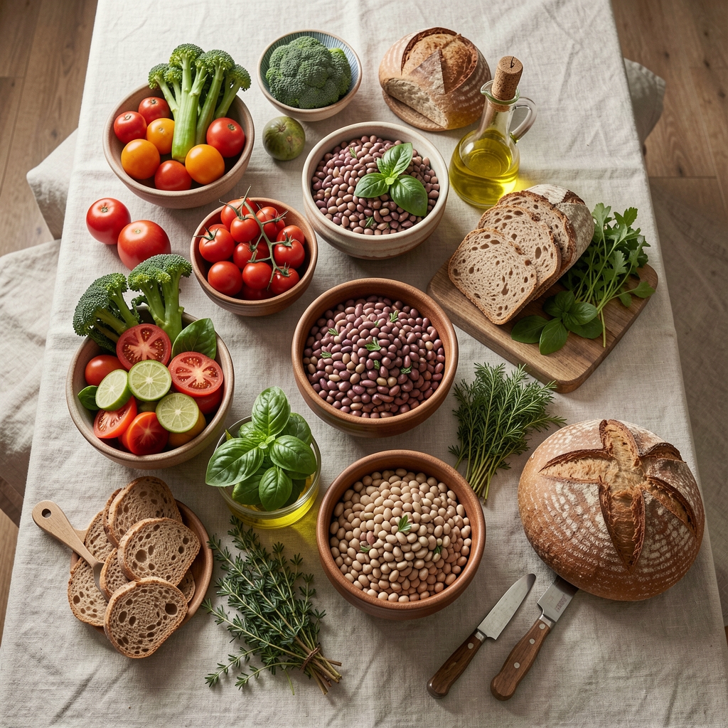 A wide documentary-style overhead photograph of a full seasonal kitchen spread — a variety of nutrient-dense vegetables, legumes in ceramic bowls, olive oil, whole grain bread, and fresh herbs arranged on a large linen-covered table