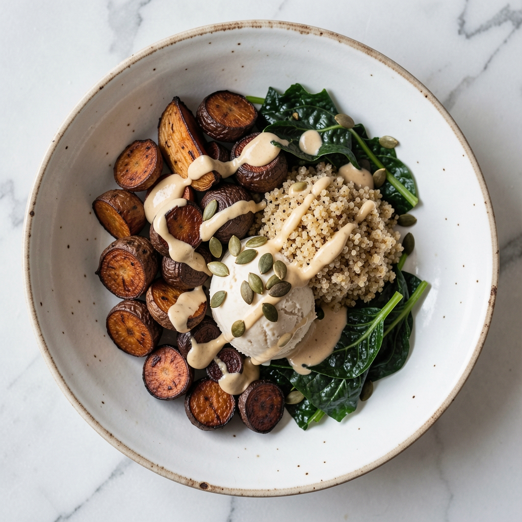 A beautifully composed whole food recipe plate featuring roasted root vegetables, a scoop of quinoa, dark leafy greens, toasted pumpkin seeds and a tahini dressing drizzled across — photographed from directly above on aged white ceramic