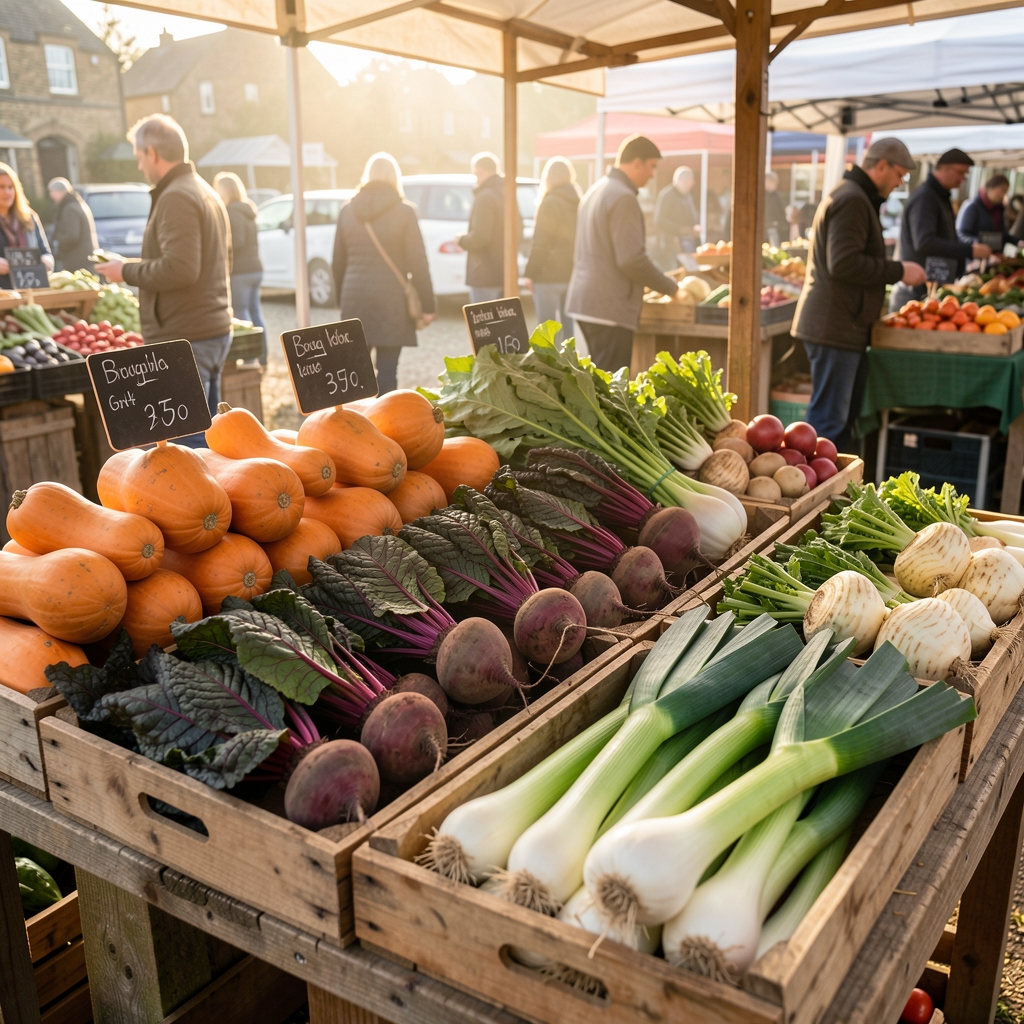 A farmers market stall photographed in early morning light showing crates of freshly harvested British autumn vegetables — butternut squash, cavolo nero, beetroot, celeriac and leeks — with handwritten chalkboard price signs