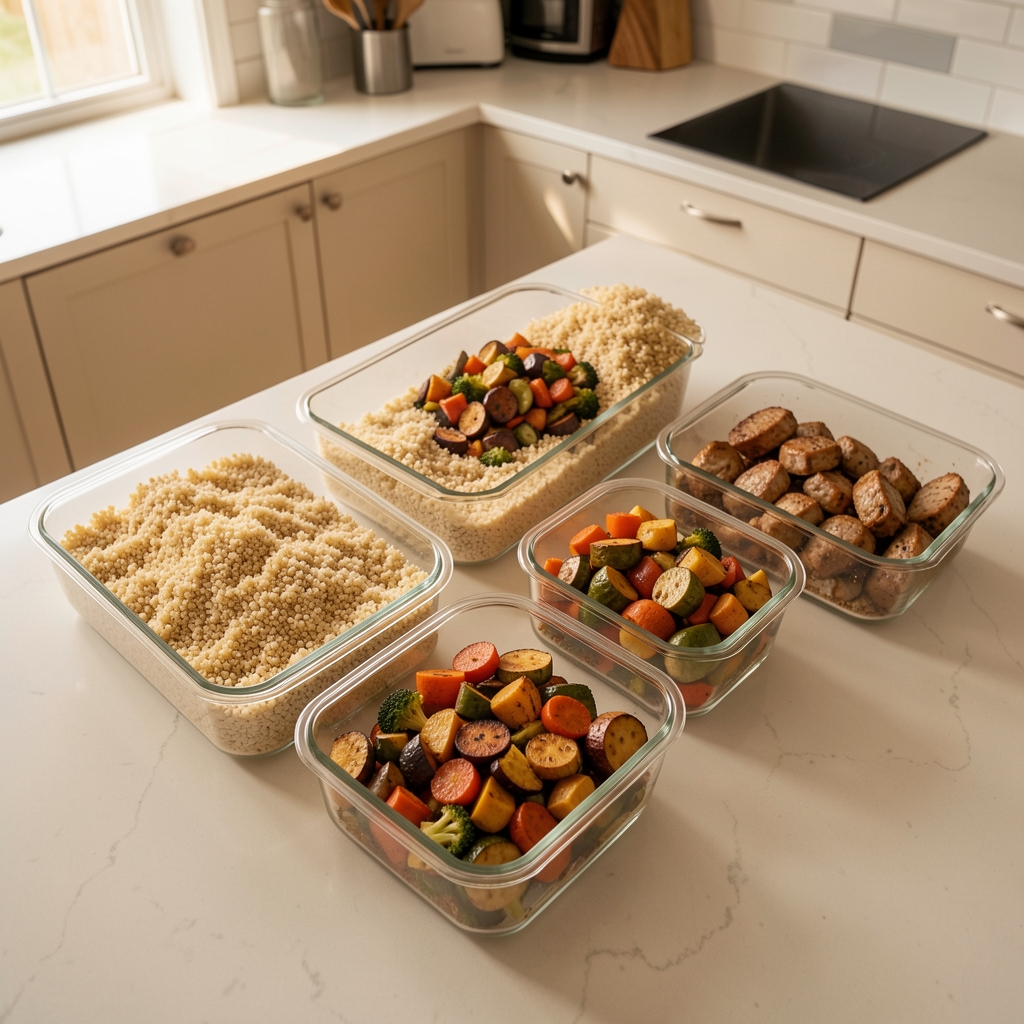 A batch cooking preparation scene showing multiple glass containers being filled with cooked grains, roasted vegetables and prepared protein portions on a clean kitchen counter, photographed from a high angle in warm natural light
