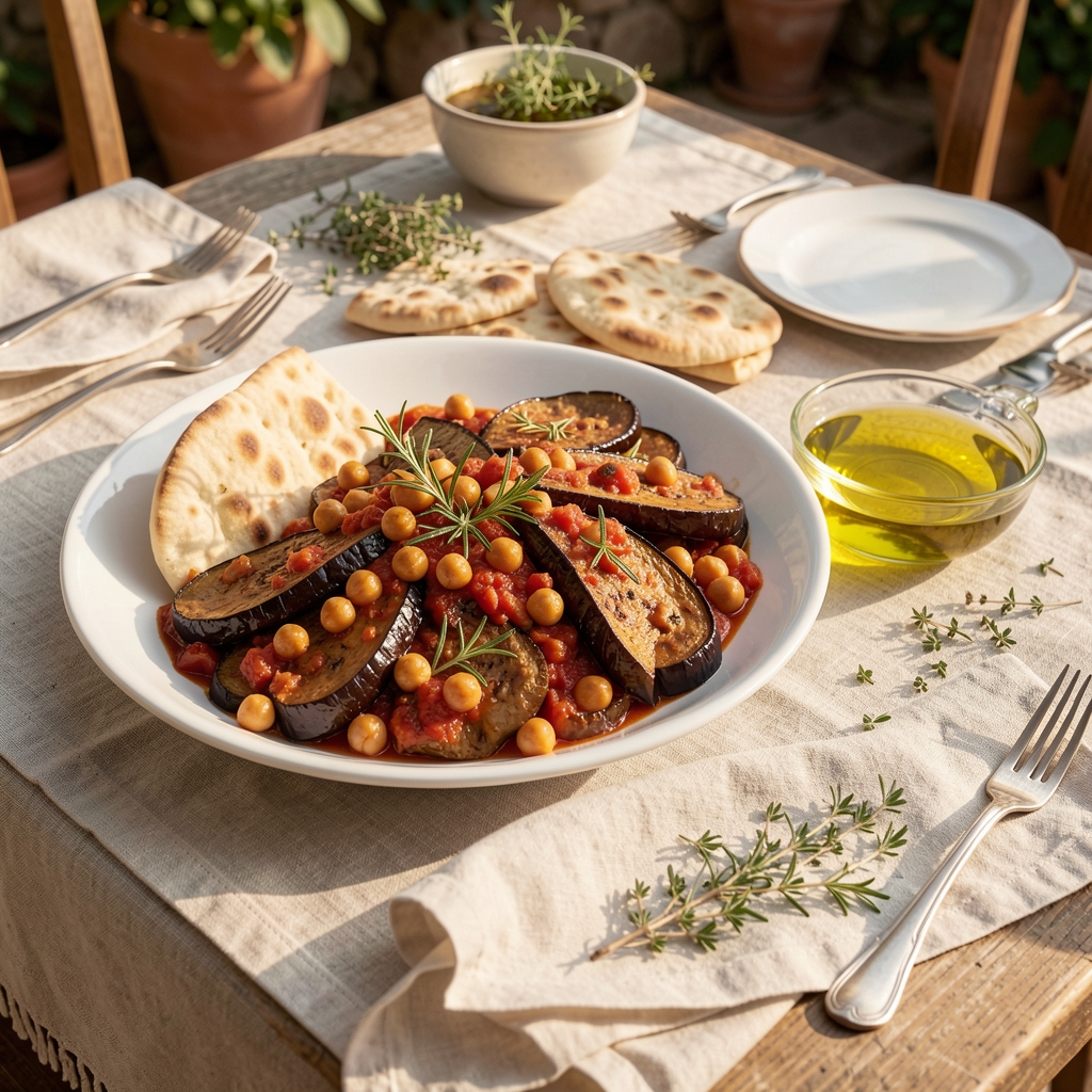 A Mediterranean-style table setting with a large white platter holding roasted aubergine, chickpea and tomato stew, fresh flatbread, a bowl of olive oil, and a scattering of herbs — photographed in warm afternoon sunlight