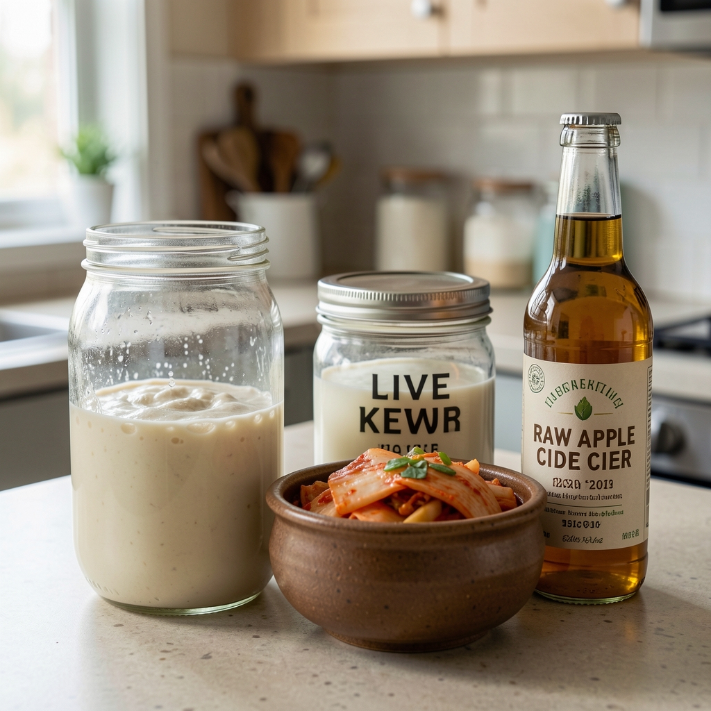 A collection of fermented food preparation items arranged on a kitchen counter including a glass fermenting jar with active sourdough starter, a jar of live kefir, kimchi in a ceramic pot, and a bottle of raw apple cider vinegar