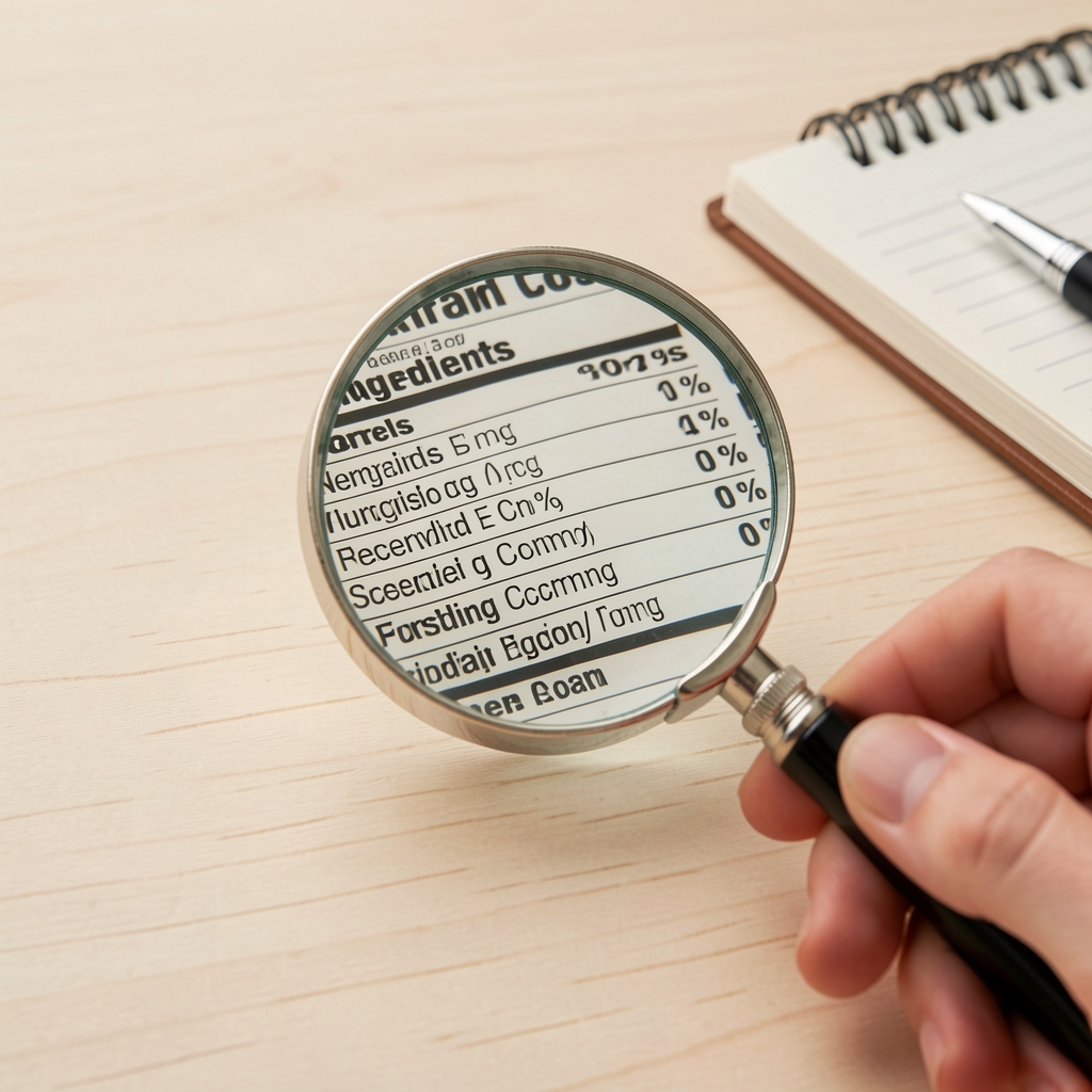 Close-up detail of a food product nutrition label with a hand-held magnifying glass revealing the ingredients list, with a notepad and pen nearby for reference notes, photographed on a pale wooden surface