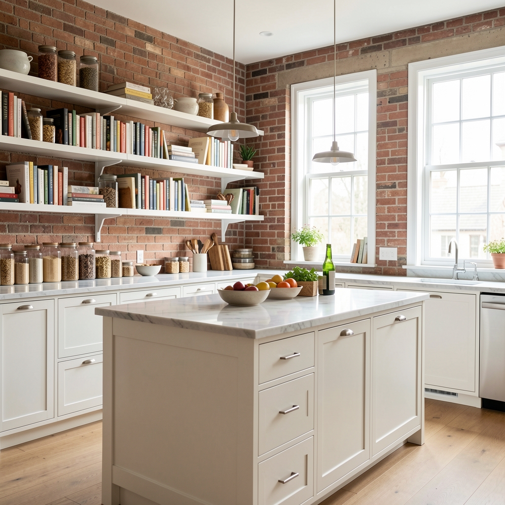 A bright open-plan editorial kitchen with exposed brick, white shelving stocked with reference cookbooks and whole grain jars, a central prep island with a marble surface, and natural daylight from a large window