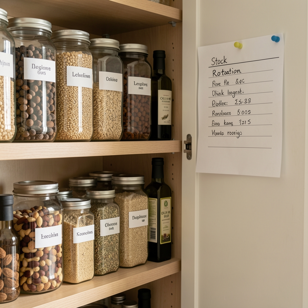 A detail shot of a well-organised pantry shelf showing glass jars of labelled dried legumes, whole grains, nuts and seeds, olive oil bottles, and a handwritten stock rotation list pinned to the wall